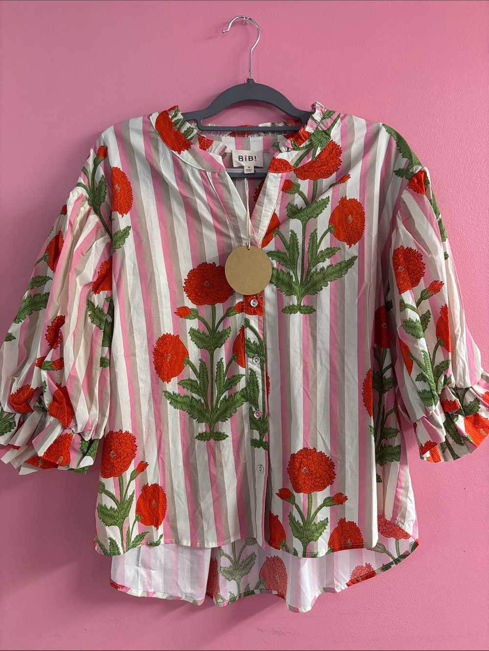BiBi Pink & White Striped Blouse with Orange Floral